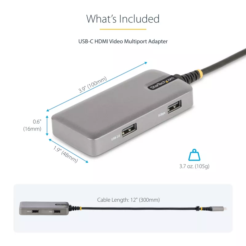 StarTech.com USB-C daugiafunkcis adapteris – 4K 60Hz HDMI su HDR – 3 prievadų USB šakotuvas – 100W Power Delivery perdavimas – sertifikuotas Chromebook