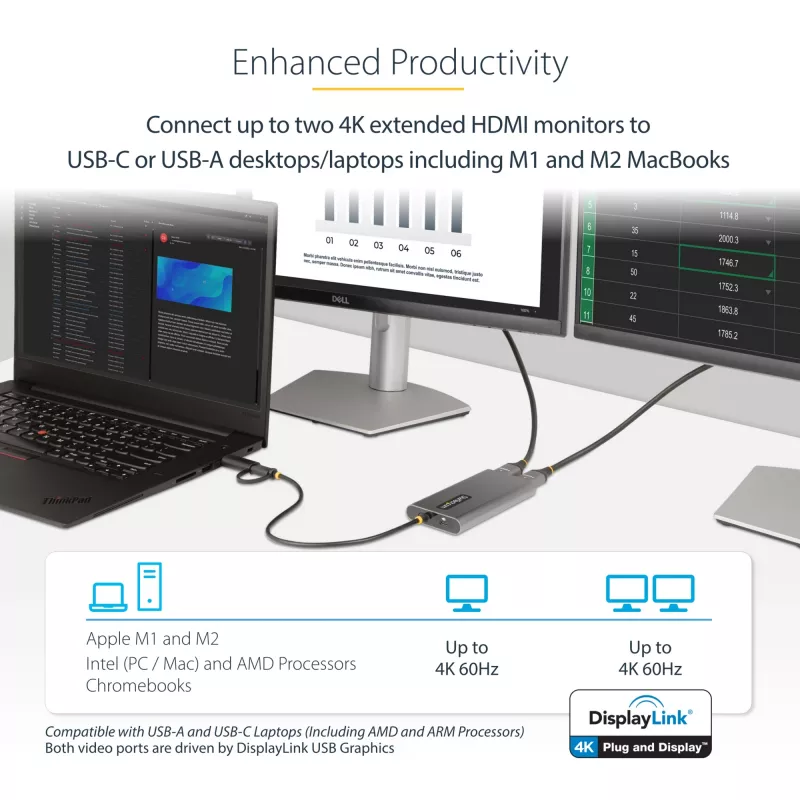 StarTech.com USB-C į Dvigubą HDMI Adapteris - USB-C arba A į 2x HDMI - 4K 60Hz - 100W Maitinimo Tiekimo Perdavimas - 30cm įmontuotas kabelis - USB į HDMI Kelių Monitorių Konverteris Nešiojamam Kompiuteriui - TAA