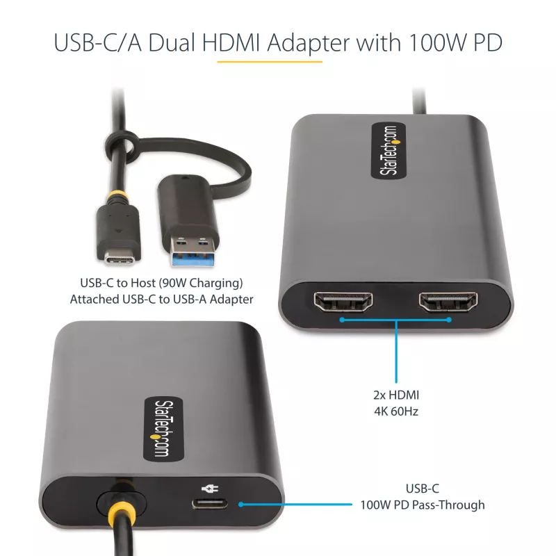 StarTech.com USB-C į Dvigubą HDMI Adapteris - USB-C arba A į 2x HDMI - 4K 60Hz - 100W Maitinimo Tiekimo Perdavimas - 30cm įmontuotas kabelis - USB į HDMI Kelių Monitorių Konverteris Nešiojamam Kompiuteriui - TAA
