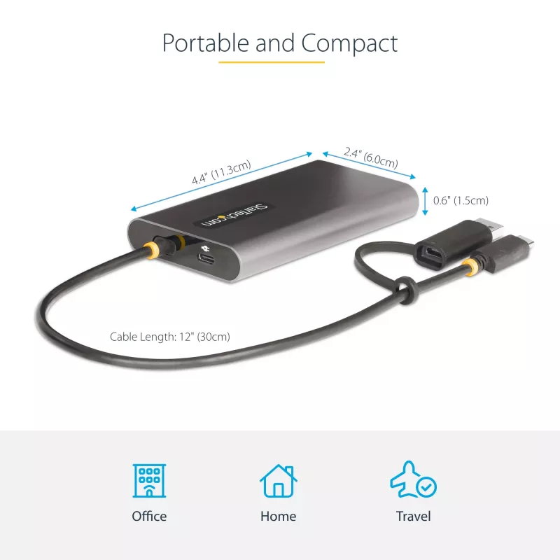 StarTech.com USB-C į Dvigubą HDMI Adapteris - USB-C arba A į 2x HDMI - 4K 60Hz - 100W Maitinimo Tiekimo Perdavimas - 30cm įmontuotas kabelis - USB į HDMI Kelių Monitorių Konverteris Nešiojamam Kompiuteriui - TAA