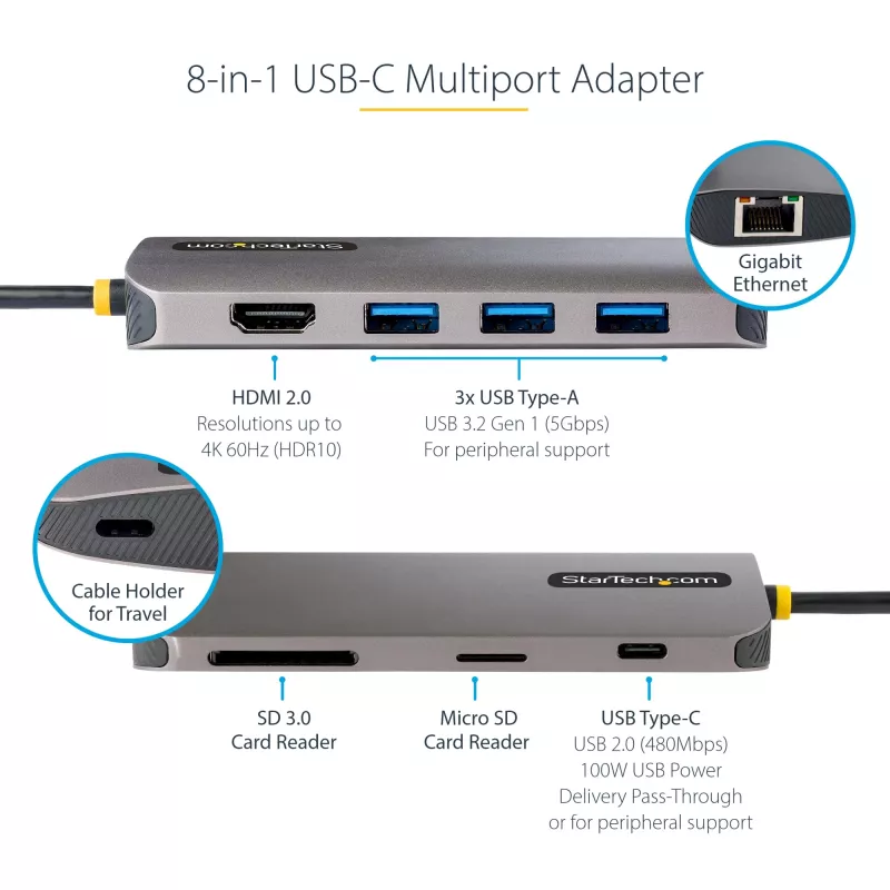 StarTech.com USB-C kelių prievadų adapteris 4K 60Hz HDMI vaizdui, 3x USB-A 5Gbps, 100W USB PD perdavimas/GbE/SD/MicroSD, 30 cm kabelis, nešiojama stotelė