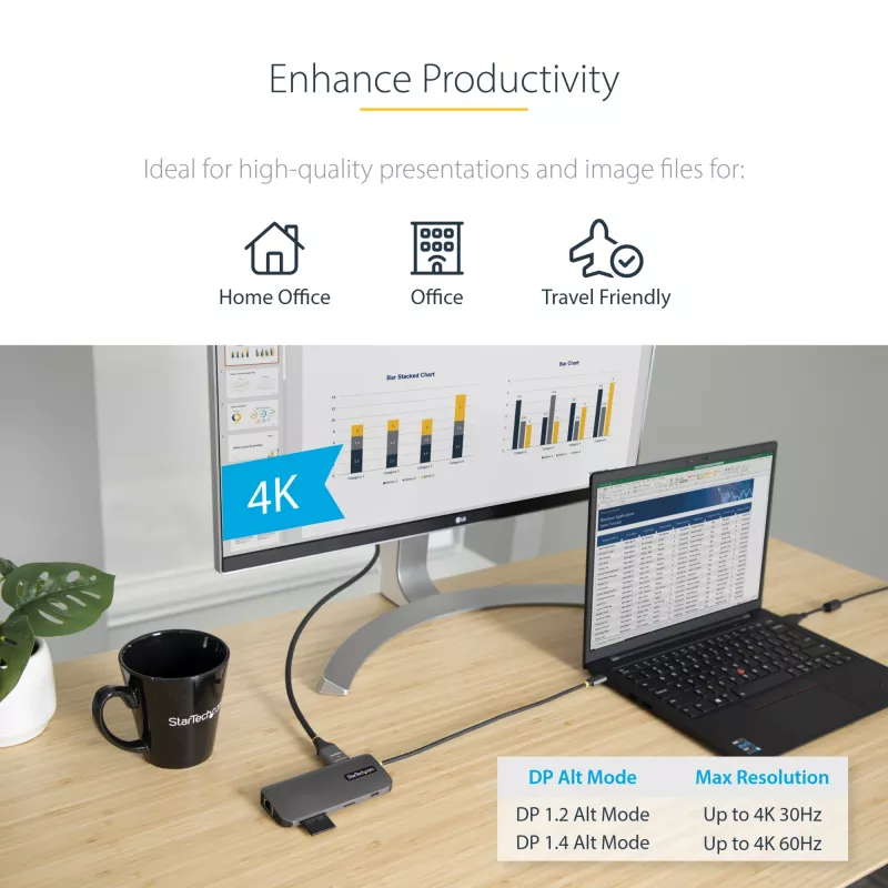 StarTech.com USB-C kelių prievadų adapteris 4K 60Hz HDMI vaizdui, 3x USB-A 5Gbps, 100W USB PD perdavimas/GbE/SD/MicroSD, 30 cm kabelis, nešiojama stotelė