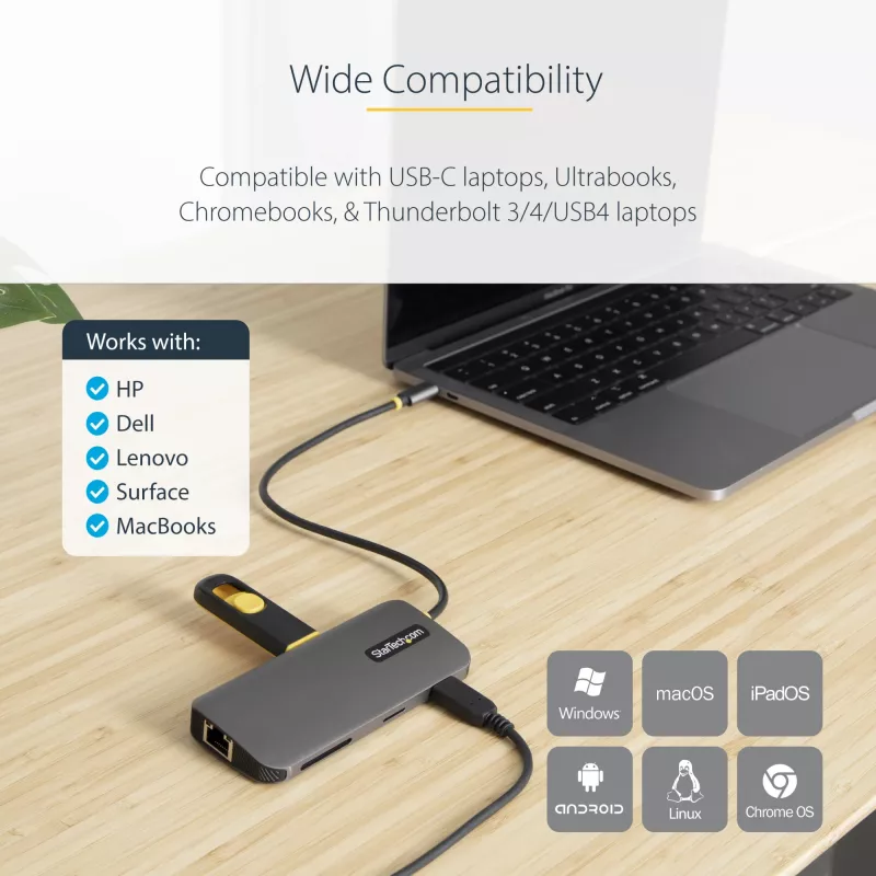 StarTech.com USB-C kelių prievadų adapteris 4K 60Hz HDMI vaizdui, 3x USB-A 5Gbps, 100W USB PD perdavimas/GbE/SD/MicroSD, 30 cm kabelis, nešiojama stotelė