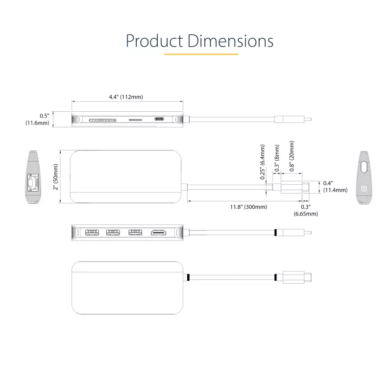 StarTech.com USB-C kelių prievadų adapteris 4K 60Hz HDMI vaizdui, 3x USB-A 5Gbps, 100W USB PD perdavimas/GbE/SD/MicroSD, 30 cm kabelis, nešiojama stotelė