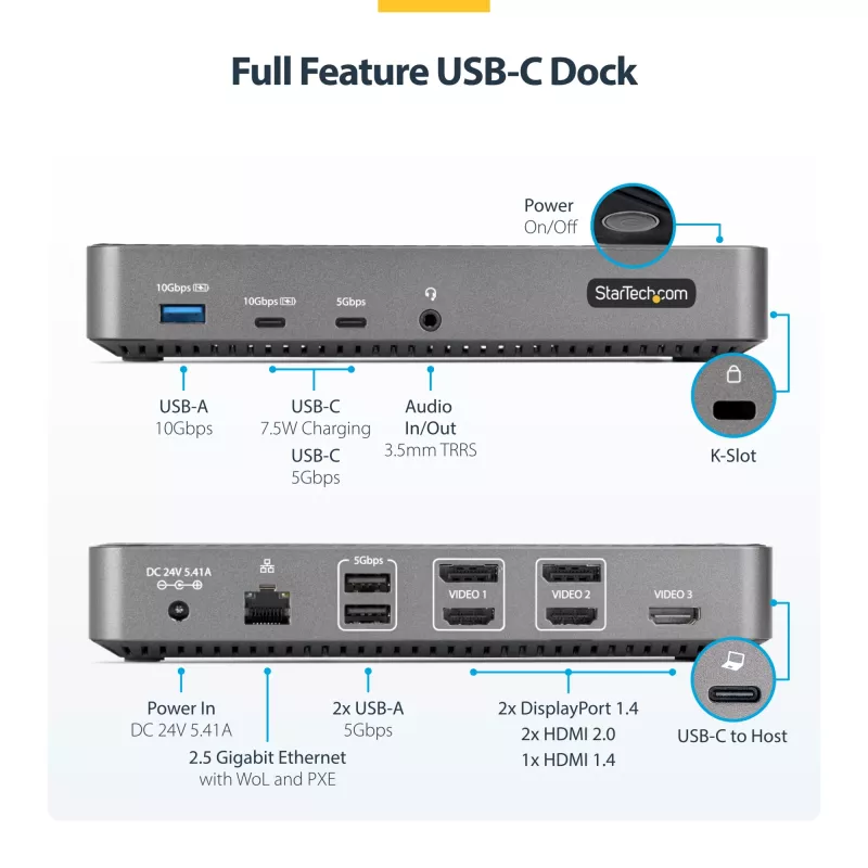 StarTech.com USB-C trijų monitorių dokavimo stotelė – HDMI/DP trigubas 4K USB-C dokas – 5x USB šakotuvas – GbE – 100W PD – universali kelių monitorių dokavimo stotelė – suderinama su Thunderbolt 3/4