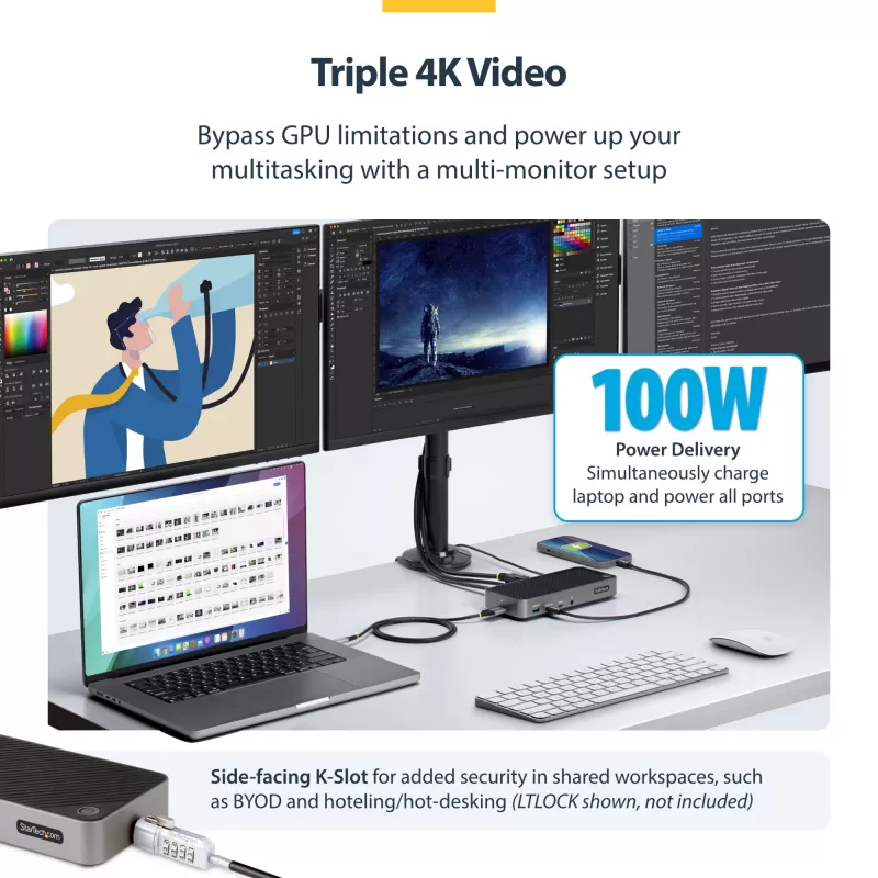 StarTech.com USB-C trijų monitorių dokavimo stotelė – HDMI/DP trigubas 4K USB-C dokas – 5x USB šakotuvas – GbE – 100W PD – universali kelių monitorių dokavimo stotelė – suderinama su Thunderbolt 3/4