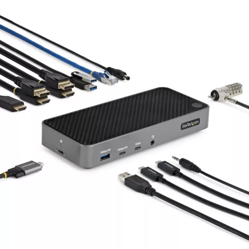 StarTech.com USB-C trijų monitorių dokavimo stotelė – HDMI/DP trigubas 4K USB-C dokas – 5x USB šakotuvas – GbE – 100W PD – universali kelių monitorių dokavimo stotelė – suderinama su Thunderbolt 3/4