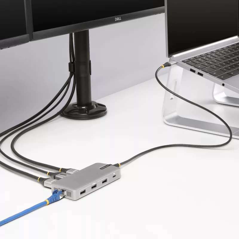 StarTech.com USB-C Triple Monitor Multiport adapteris, dviguba 4K 60Hz + 4K 30Hz HDMI ir DisplayPort, 3 prievadų USB 10Gbps šakotuvas, 100W PD perdavimas, GbE, kelioninis dokas, Windows ir ChromeOS