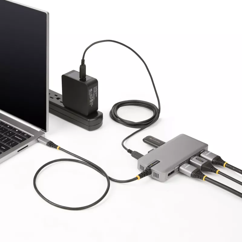 StarTech.com USB-C Triple Monitor Multiport adapteris, dviguba 4K 60Hz + 4K 30Hz HDMI ir DisplayPort, 3 prievadų USB 10Gbps šakotuvas, 100W PD perdavimas, GbE, kelioninis dokas, Windows ir ChromeOS