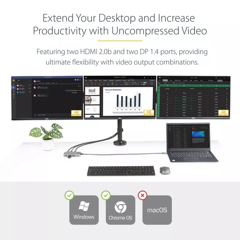 StarTech.com USB-C Triple Monitor Multiport adapteris, dviguba 4K 60Hz + 4K 30Hz HDMI ir DisplayPort, 3 prievadų USB 10Gbps šakotuvas, 100W PD perdavimas, GbE, kelioninis dokas, Windows ir ChromeOS