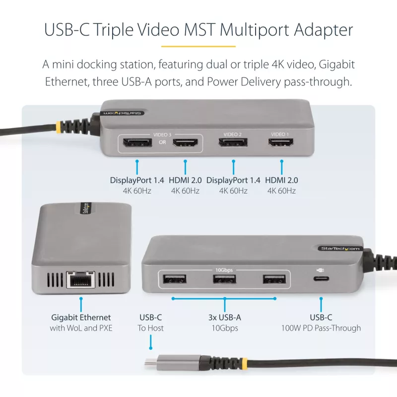 StarTech.com USB-C Triple Monitor Multiport adapteris, dviguba 4K 60Hz + 4K 30Hz HDMI ir DisplayPort, 3 prievadų USB 10Gbps šakotuvas, 100W PD perdavimas, GbE, kelioninis dokas, Windows ir ChromeOS