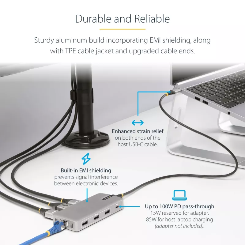 StarTech.com USB-C Triple Monitor Multiport adapteris, dviguba 4K 60Hz + 4K 30Hz HDMI ir DisplayPort, 3 prievadų USB 10Gbps šakotuvas, 100W PD perdavimas, GbE, kelioninis dokas, Windows ir ChromeOS