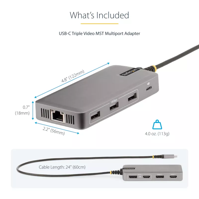 StarTech.com USB-C Triple Monitor Multiport adapteris, dviguba 4K 60Hz + 4K 30Hz HDMI ir DisplayPort, 3 prievadų USB 10Gbps šakotuvas, 100W PD perdavimas, GbE, kelioninis dokas, Windows ir ChromeOS