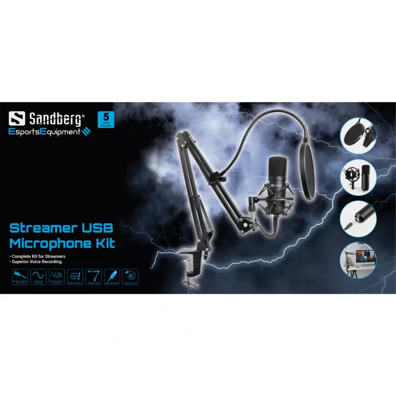 Sandberg Streamer USB mikrofonų rinkinys, studijinis mikrofonas, -27 dB, 30–16000 Hz, 24 bit, 96 kHz, vienakryptis