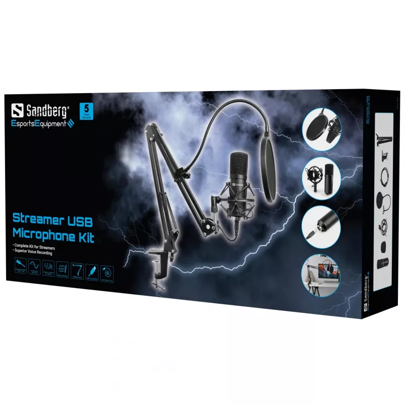 Sandberg Streamer USB mikrofonų rinkinys, studijinis mikrofonas, -27 dB, 30–16000 Hz, 24 bit, 96 kHz, vienakryptis