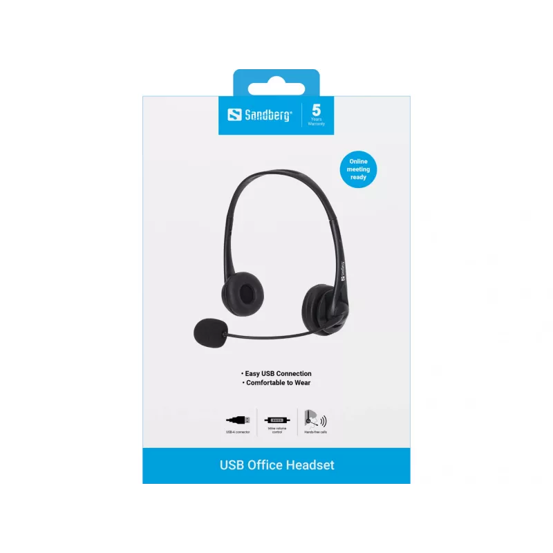 Sandberg USB Office Headset, laidinis, biurui/skambučių centrui, 20 - 20000 Hz, 94 g, juoda