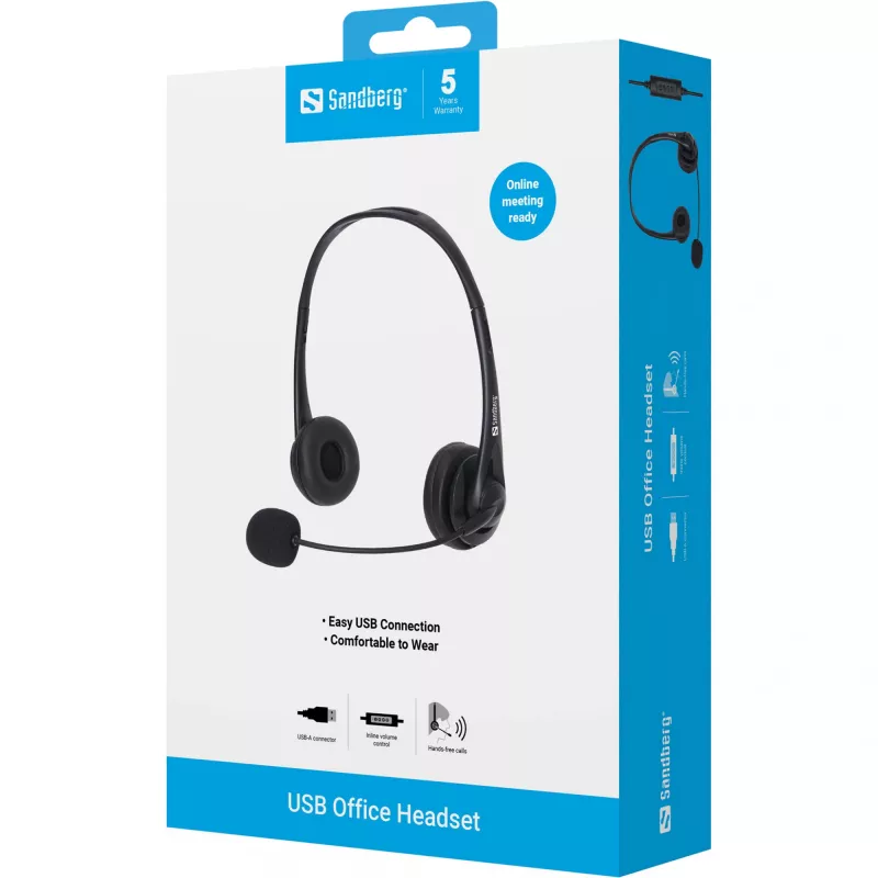 Sandberg USB Office Headset, laidinis, biurui/skambučių centrui, 20 - 20000 Hz, 94 g, juoda