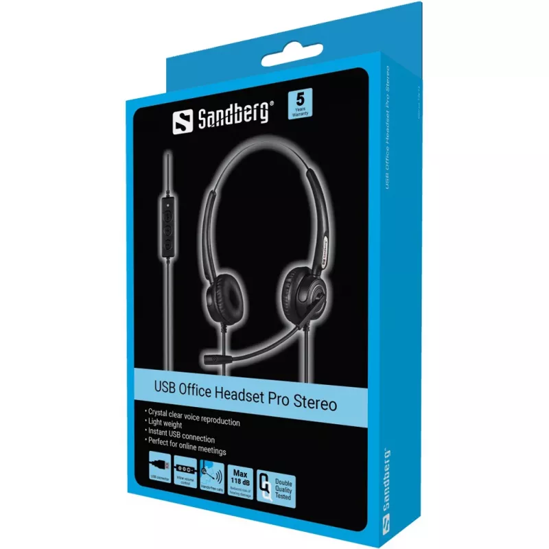 Sandberg USB Office Headset Pro Stereo laidinės ausinės biurui, 20-20000 Hz, 115 g, juodos