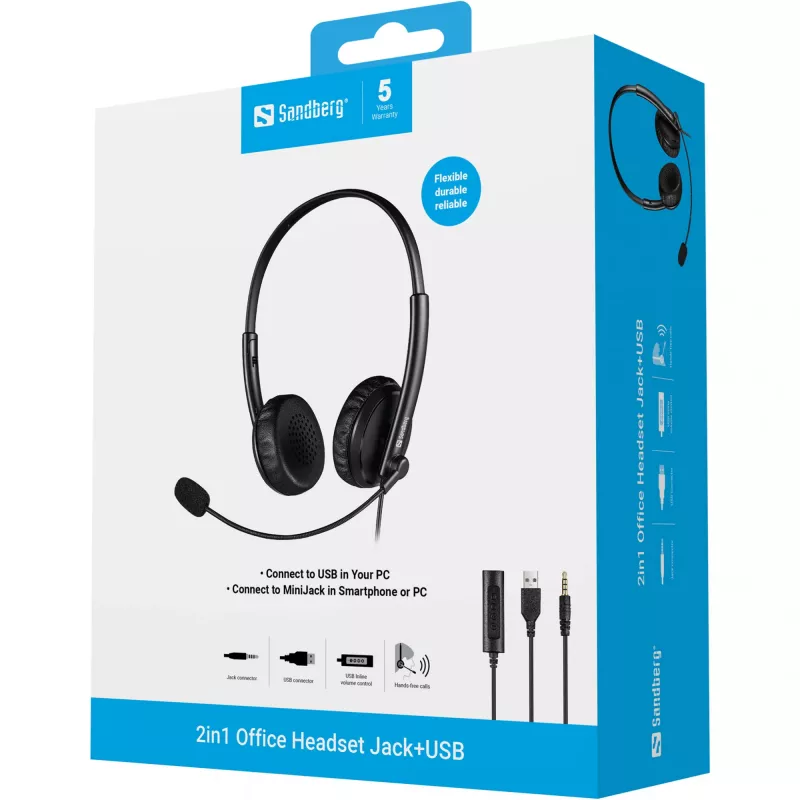 Sandberg 2in1 Office Headset Jack+USB, laidinis, biuro / skambučių centrui, 20–20000 Hz, 110 g, juodos spalvos