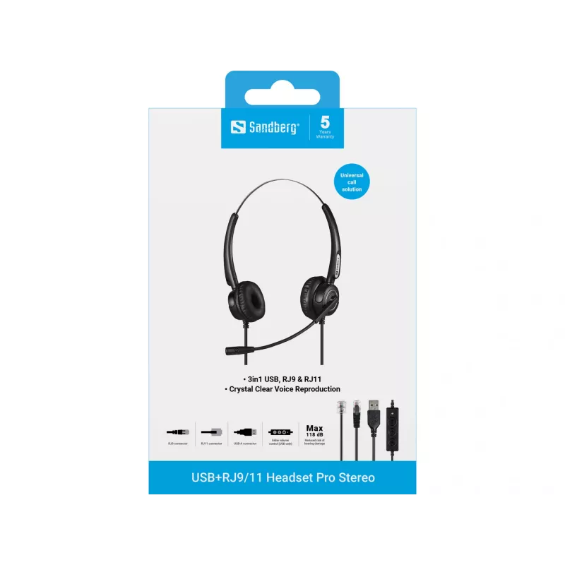 Sandberg USB+RJ9/11 Headset Pro Stereo laidinis ausinių rinkinys biurui ir skambučių centrams