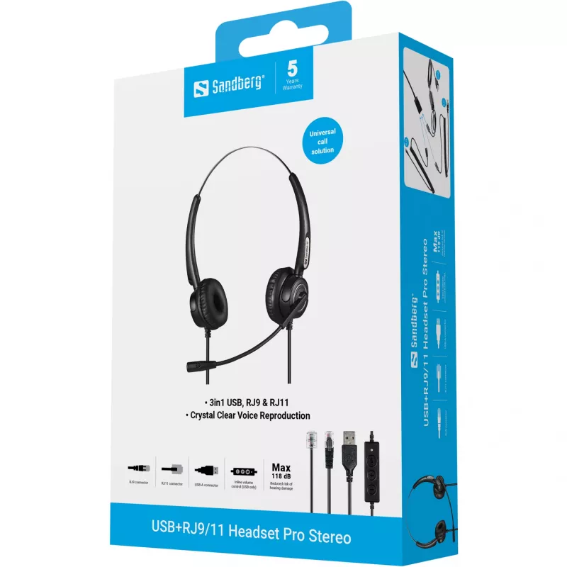 Sandberg USB+RJ9/11 Headset Pro Stereo laidinis ausinių rinkinys biurui ir skambučių centrams
