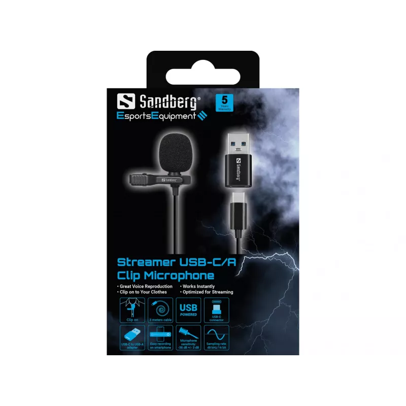 Sandberg Streamer USB segtuvinis mikrofonas, lavalier tipo, -38 dB, 50-18000 Hz, 16 bit, 48 kHz, 84 dB