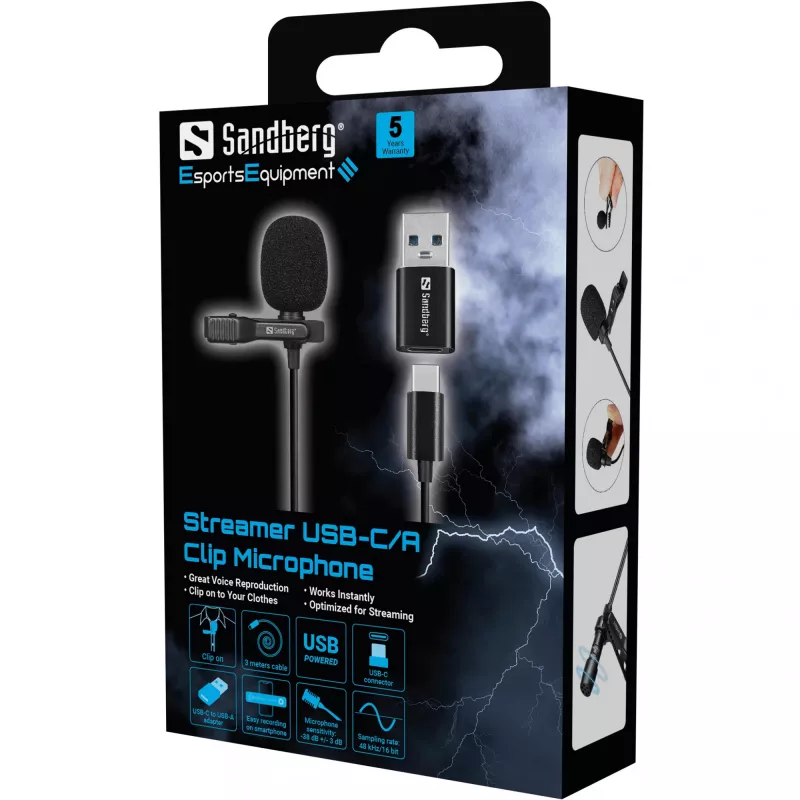 Sandberg Streamer USB segtuvinis mikrofonas, lavalier tipo, -38 dB, 50-18000 Hz, 16 bit, 48 kHz, 84 dB