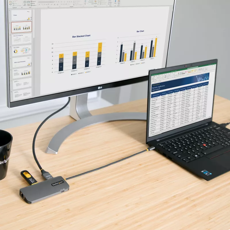 StarTech.com USB-C kelių prievadų adapteris, 4K 60Hz HDMI vaizdas, 3 prievadų 5Gbps USB šakotuvas, 100W Power Delivery perdavimas, GbE, 30 cm laidas, mini kelioninis dokas, nešiojamojo kompiuterio dokavimo stotelė