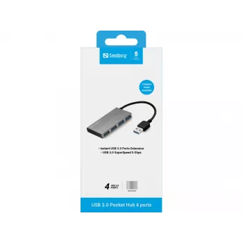 Sandberg USB 3.0 Pocket Hub 4 prievadai, USB 3.2 Gen 1 Type-A, 5000 Mbit/s, balta, aliuminis
