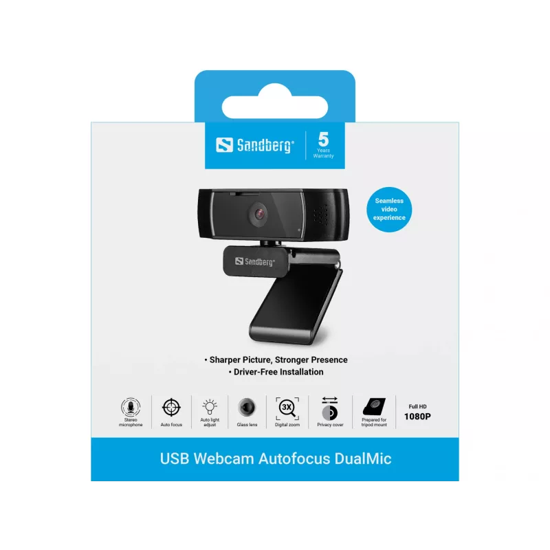 Sandberg USB Webcam Autofocus DualMic, 2,07 MP, 1920 x 1080 pikselių, Full HD, 30 kadrų/s, 70°