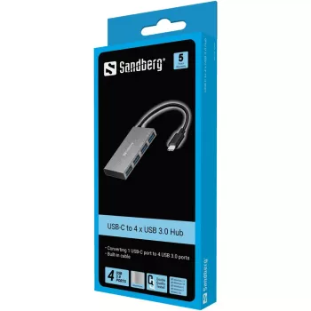 Sandberg USB-C į 4x USB 3.0 kišeninis hub'as, USB 3.2 Gen 1 Type-C, USB 3.2 Gen 1 Type-A, baltas, aliuminis