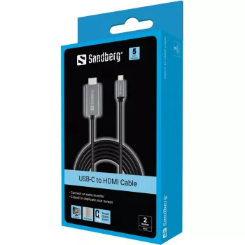 Sandberg USB-C į HDMI laidas 2M, 2 m, USB Type-C, HDMI, Kištukas, Kištukas, Tiesus