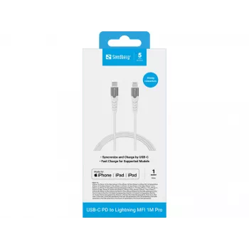 Laidas Sandberg USB-C PD į Lightning MFI 1M PRO, 1 m, Lightning, USB C, vyriškas, vyriškas, baltas