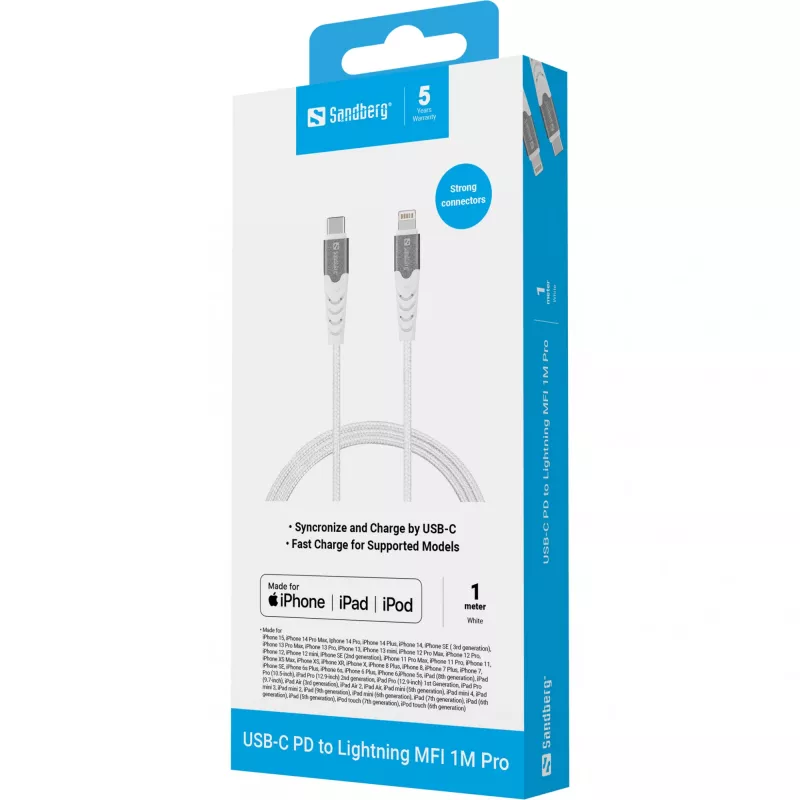 Laidas Sandberg USB-C PD į Lightning MFI 1M PRO, 1 m, Lightning, USB C, vyriškas, vyriškas, baltas