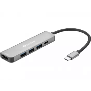 Sandberg USB-C Dock HDMI + 3xUSB + PD 100W, aliuminis, 4K Ultra HD