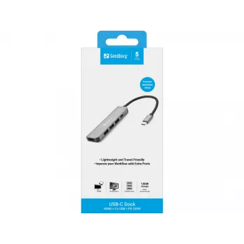 Sandberg USB-C Dock HDMI + 3xUSB + PD 100W, aliuminis, 4K Ultra HD