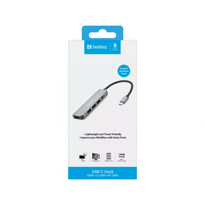 Sandberg USB-C Dock HDMI + 3xUSB + PD 100W, aliuminis, 4K Ultra HD