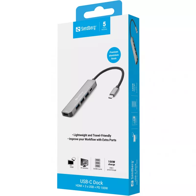 Sandberg USB-C Dock HDMI + 3xUSB + PD 100W, aliuminis, 4K Ultra HD