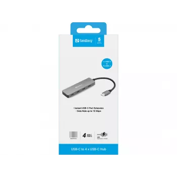 Sandberg USB-C į 4x USB-C šakotuvas, USB 3.2 Gen 1 (3.1 Gen 1) Type-C, USB 3.2 Gen 1 (3.1 Gen 1) Type-C, 10000 Mbit/s, Pilka, Aliuminis, 0.15 m