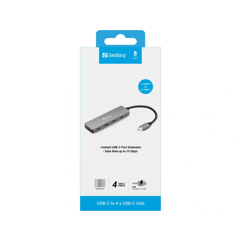 Sandberg 136-41 USB-C į 4x USB-C šakotuvas, USB-C 3.1, 10 Gbit/s, aliuminis, 0,15 m kabelis