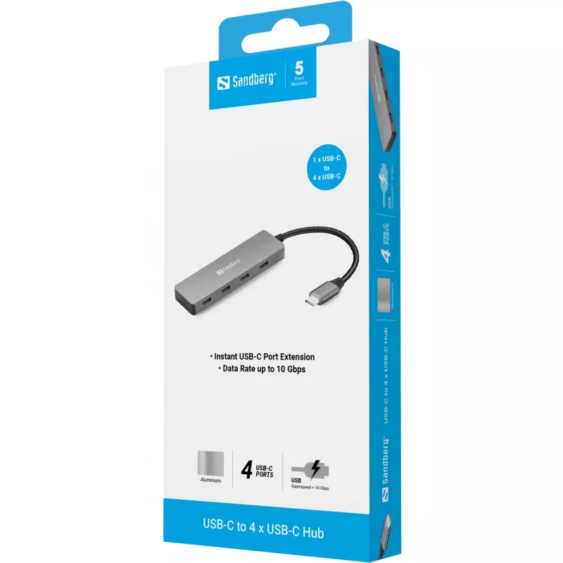 Sandberg 136-41 USB-C į 4x USB-C šakotuvas, USB-C 3.1, 10 Gbit/s, aliuminis, 0,15 m kabelis
