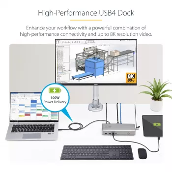StarTech.com USB4 dokų stotelė dviem monitoriams, Dual 4K 120Hz arba Single 8K 60Hz HDMI, 100W nešiojamojo kompiuterio įkrovimas, 2.5GbE, USB-C kelių monitorių dokas, be tvarkyklių