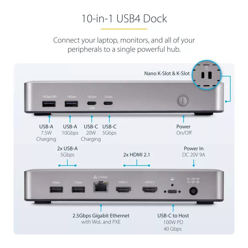 StarTech.com USB4 dokų stotelė dviem monitoriams, Dual 4K 120Hz arba Single 8K 60Hz HDMI, 100W nešiojamojo kompiuterio įkrovimas, 2.5GbE, USB-C kelių monitorių dokas, be tvarkyklių