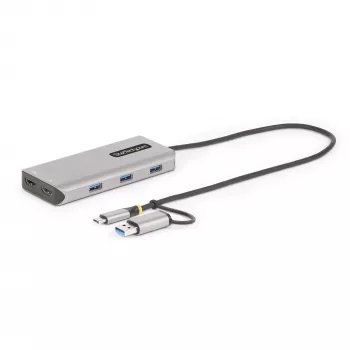 StarTech.com USB-C kelių prievadų adapteris su pritvirtintu USB-C į USB-A adapteriu, dvigubas HDMI (4K30Hz/1080p60Hz), 3x USB-A 5Gbps, mini kelioninis dokas, nešiojamojo kompiuterio dokavimo stotelė, 40 cm laidas