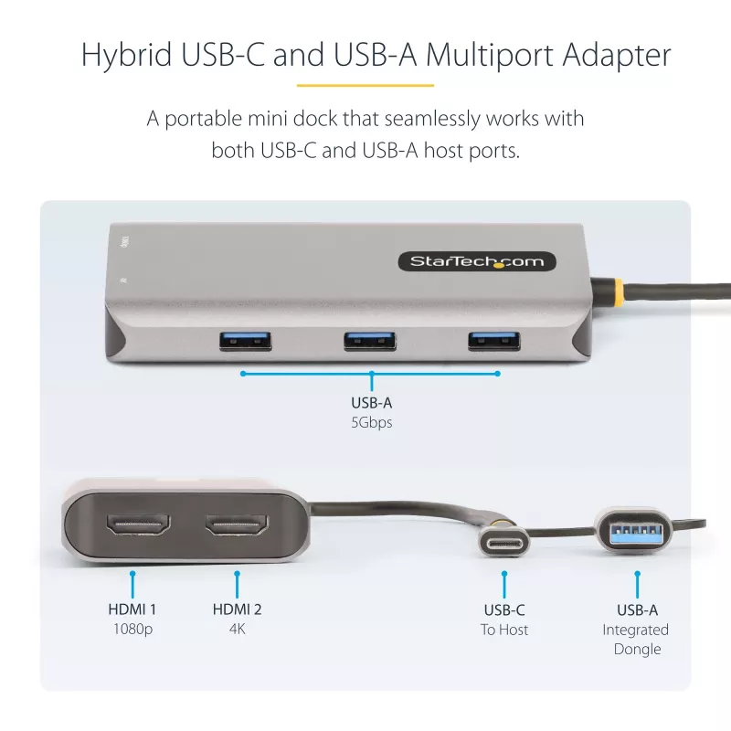 StarTech.com USB-C kelių prievadų adapteris su pritvirtintu USB-C į USB-A adapteriu, dvigubas HDMI (4K30Hz/1080p60Hz), 3x USB-A 5Gbps, mini kelioninis dokas, nešiojamojo kompiuterio dokavimo stotelė, 40 cm laidas