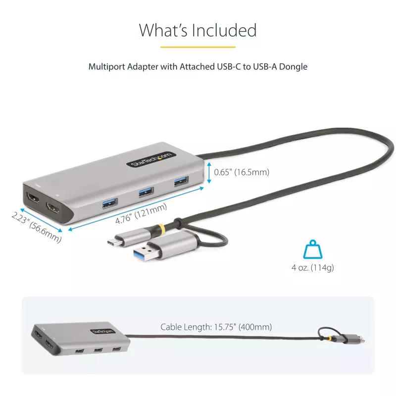 StarTech.com USB-C kelių prievadų adapteris su pritvirtintu USB-C į USB-A adapteriu, dvigubas HDMI (4K30Hz/1080p60Hz), 3x USB-A 5Gbps, mini kelioninis dokas, nešiojamojo kompiuterio dokavimo stotelė, 40 cm laidas