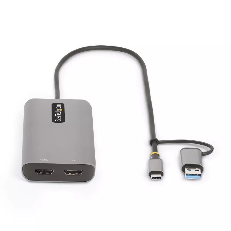 StarTech.com USB-C kelių prievadų adapteris su pritvirtintu USB-C į USB-A adapteriu, dvigubas HDMI (4K30Hz/1080p60Hz), 3x USB-A 5Gbps, mini kelioninis dokas, nešiojamojo kompiuterio dokavimo stotelė, 40 cm laidas