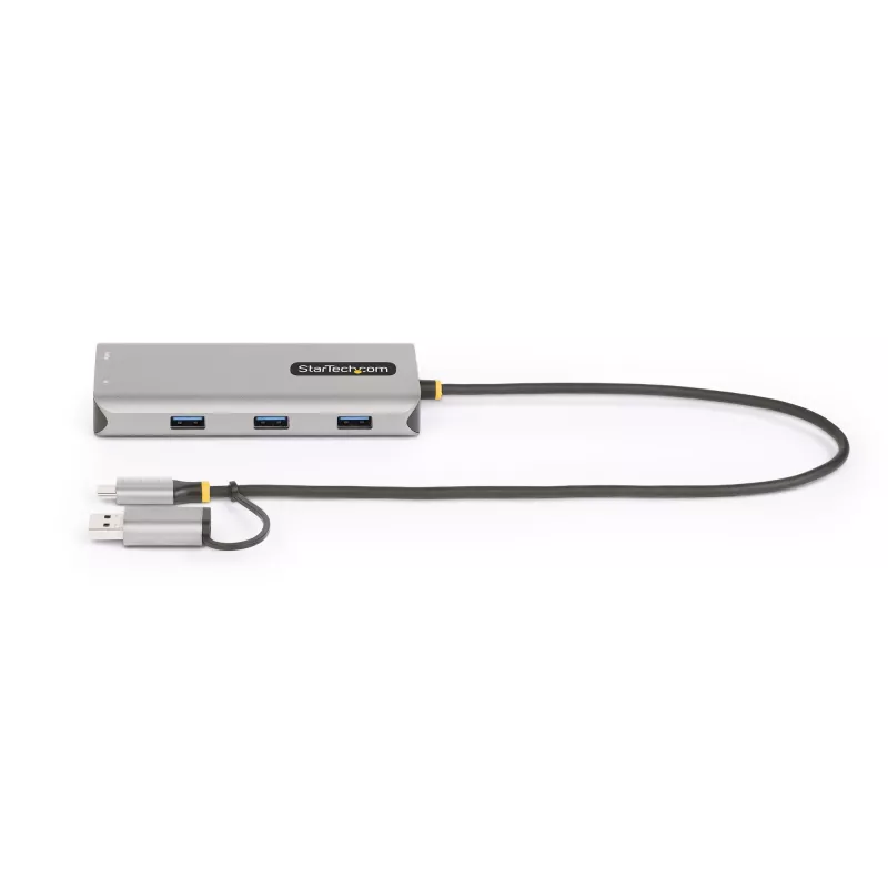 StarTech.com USB-C kelių prievadų adapteris su pritvirtintu USB-C į USB-A adapteriu, dvigubas HDMI (4K30Hz/1080p60Hz), 3x USB-A 5Gbps, mini kelioninis dokas, nešiojamojo kompiuterio dokavimo stotelė, 40 cm laidas