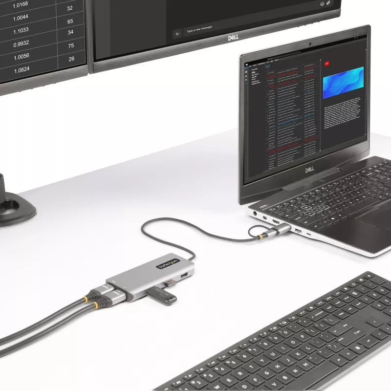 StarTech.com USB-C kelių prievadų adapteris su pritvirtintu USB-C į USB-A adapteriu, dvigubas HDMI (4K30Hz/1080p60Hz), 3x USB-A 5Gbps, mini kelioninis dokas, nešiojamojo kompiuterio dokavimo stotelė, 40 cm laidas