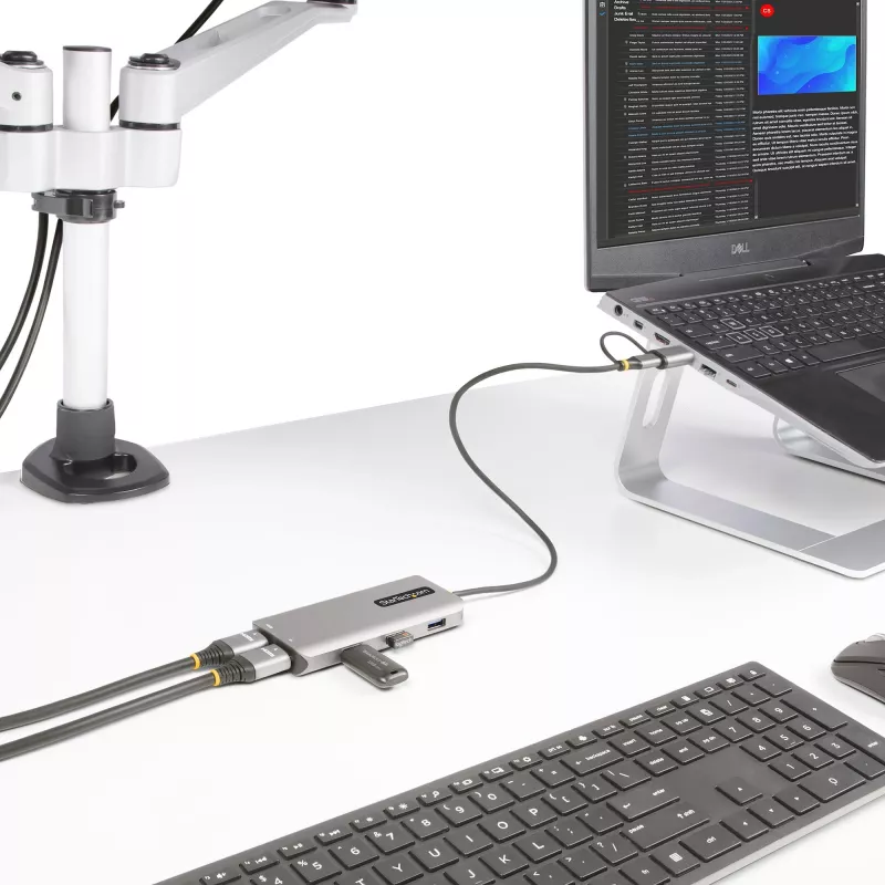 StarTech.com USB-C kelių prievadų adapteris su pritvirtintu USB-C į USB-A adapteriu, dvigubas HDMI (4K30Hz/1080p60Hz), 3x USB-A 5Gbps, mini kelioninis dokas, nešiojamojo kompiuterio dokavimo stotelė, 40 cm laidas
